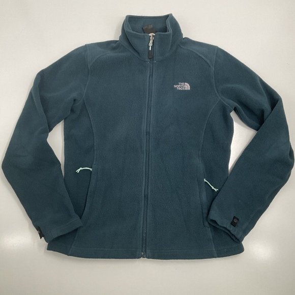 The North Face Fleece Jacket Womens Size M Green Full Zip Pockets Logo Mock Neck - Picture 2 of 15